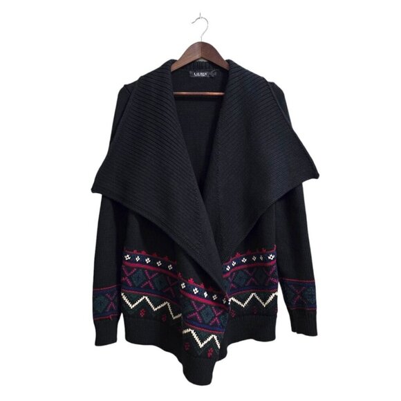 Ralph Lauren Black Fair Isle Shawl Collar Open Front Wool Blend Cardigan Sz L - Picture 1 of 9